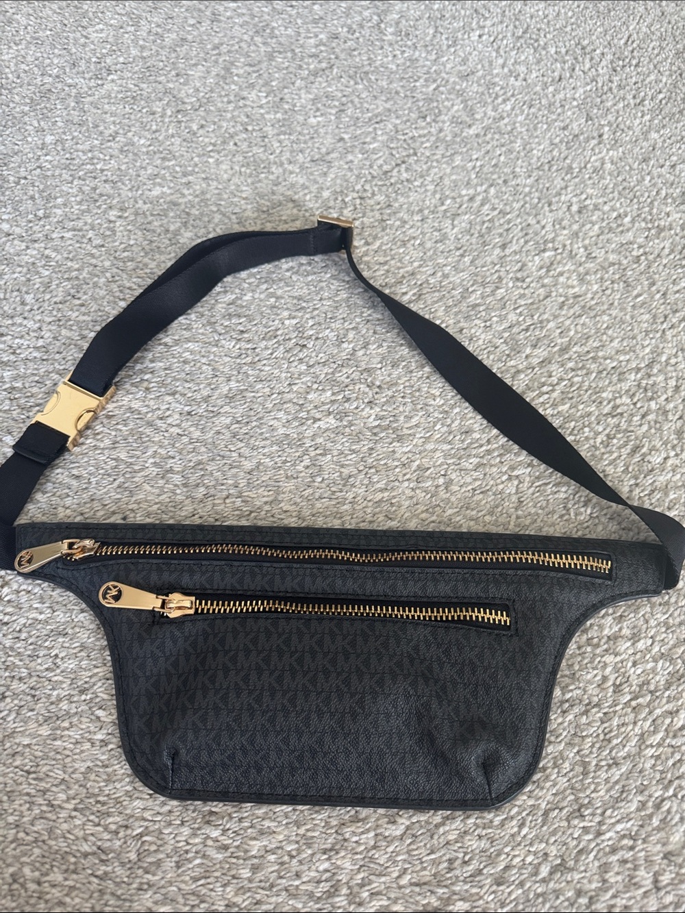 Michael Kors Black Logo-Print Belt Bag with Gold Hardware